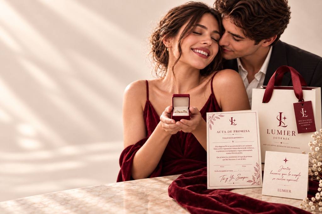 Pareja Lumier Joyería sosteniendo estuche de anillos de promesa con empaque de regalo y Acta de Promesa