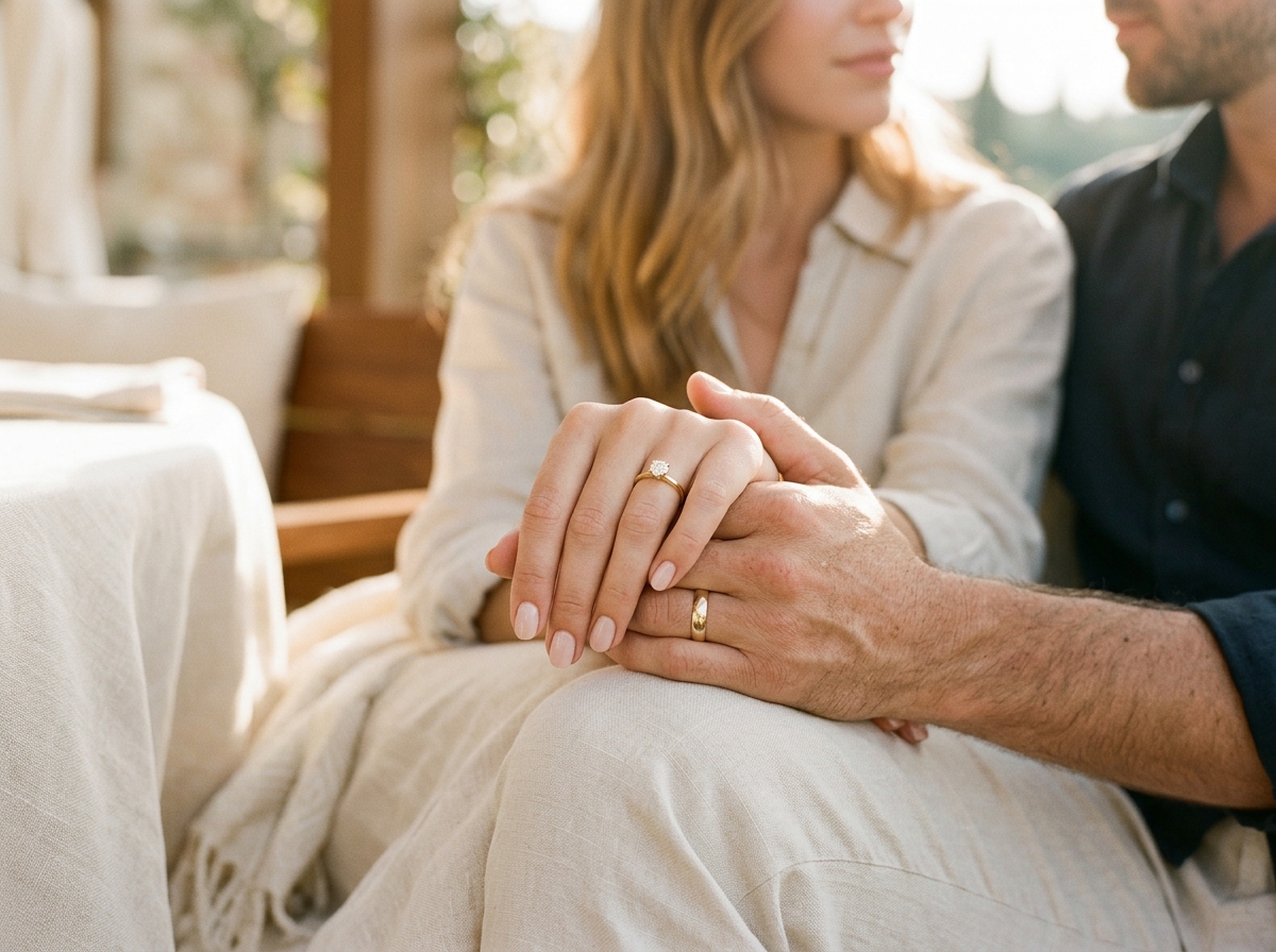 Manos de pareja entrelazadas con los anillos de promesa