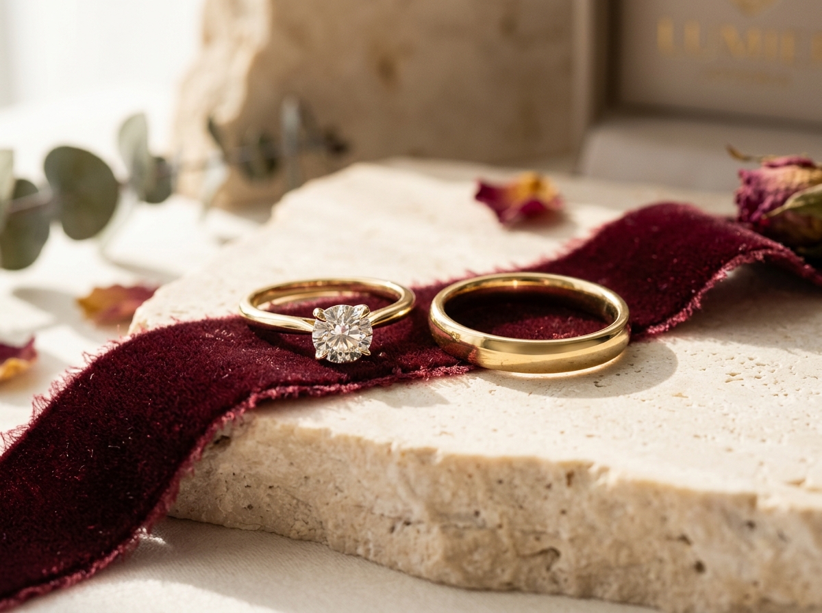 Anillos Lumier sobre piedra caliza y cinta borgoña